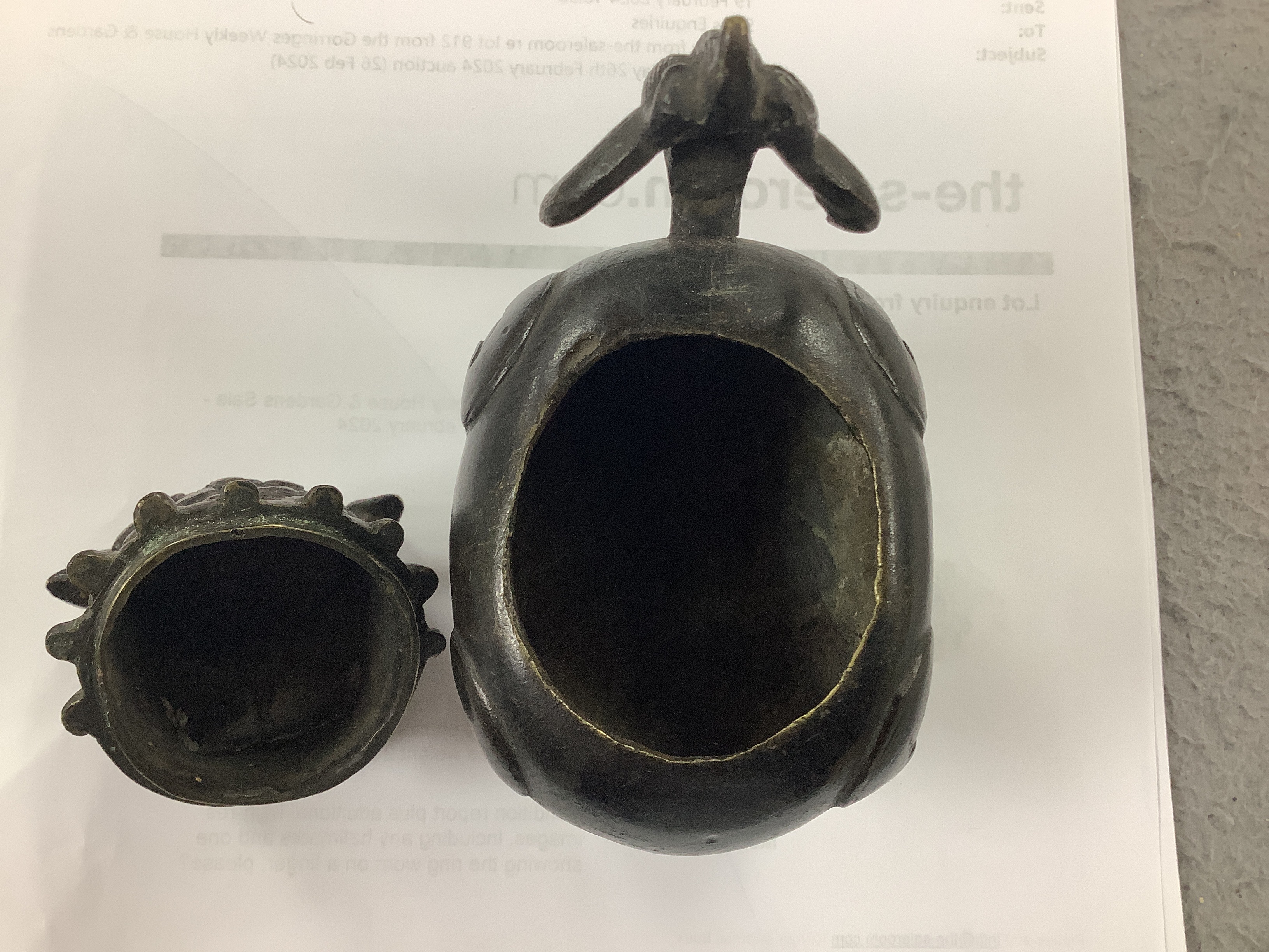 A Chinese bronze mythical beast censer and cover (Luduan), 17th century, the cover with pierced mouth, 9cm in length